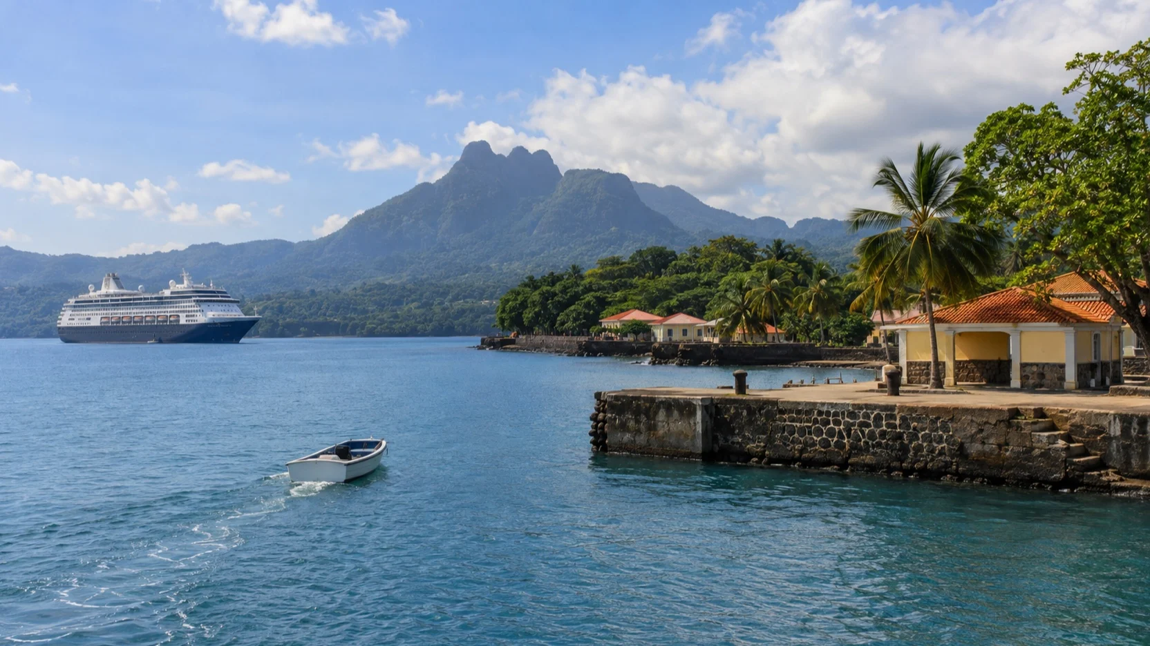 Cruise ship and tender boat offshore from São Tomé island