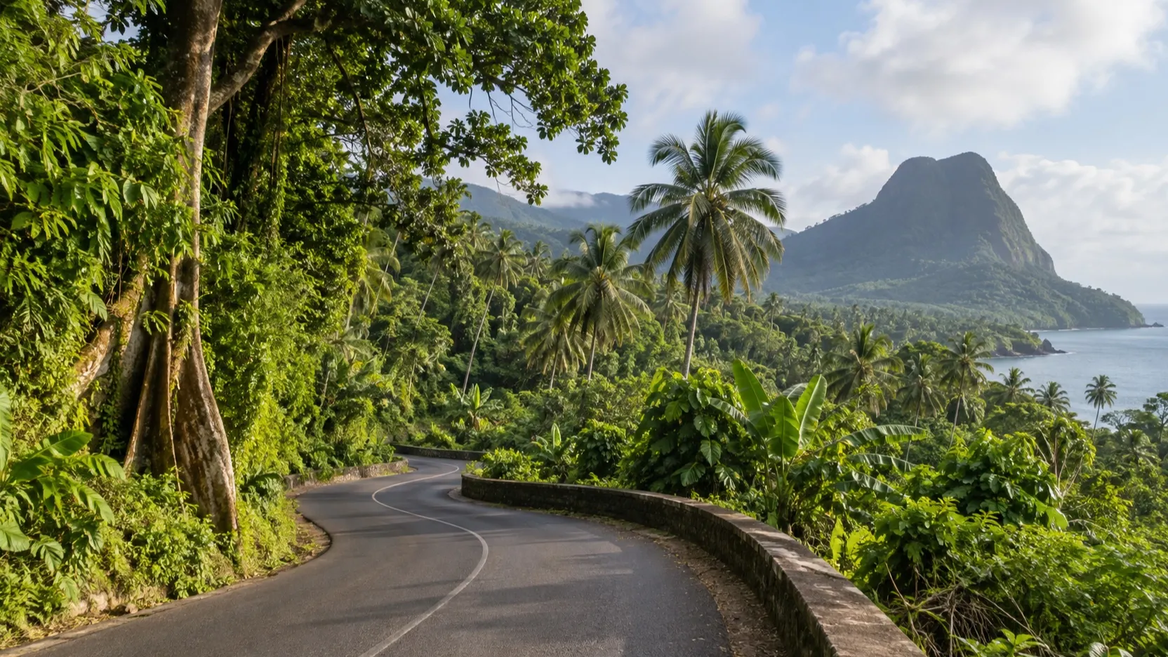 Winding road through lush rainforest on São Tomé island