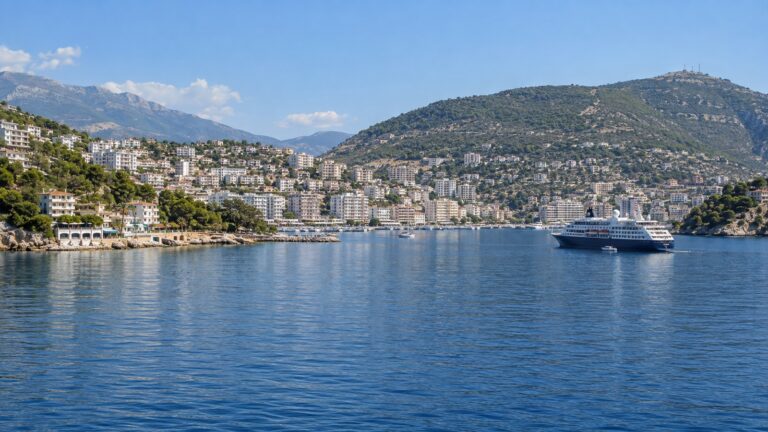 Sarandë cruise harbor and waterfront curving around an Ionian bay.