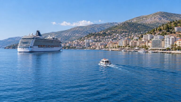 Cruise ship anchored off Sarandë as a tender boat crosses the bay