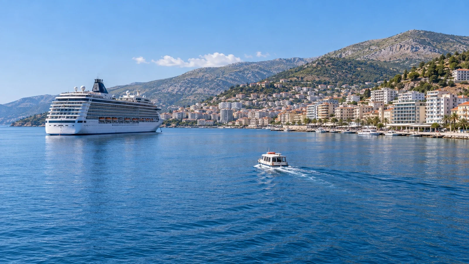 Cruise ship anchored off Sarandë as a tender boat crosses the bay