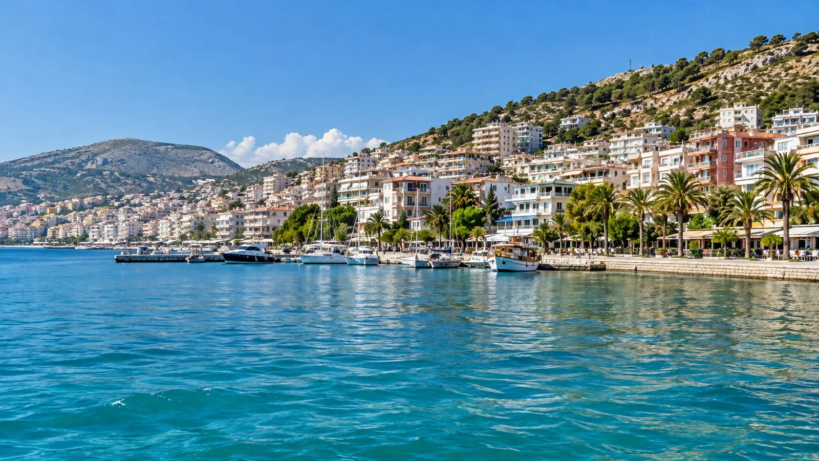 Sarandë waterfront and marina with hillside buildings above the bay