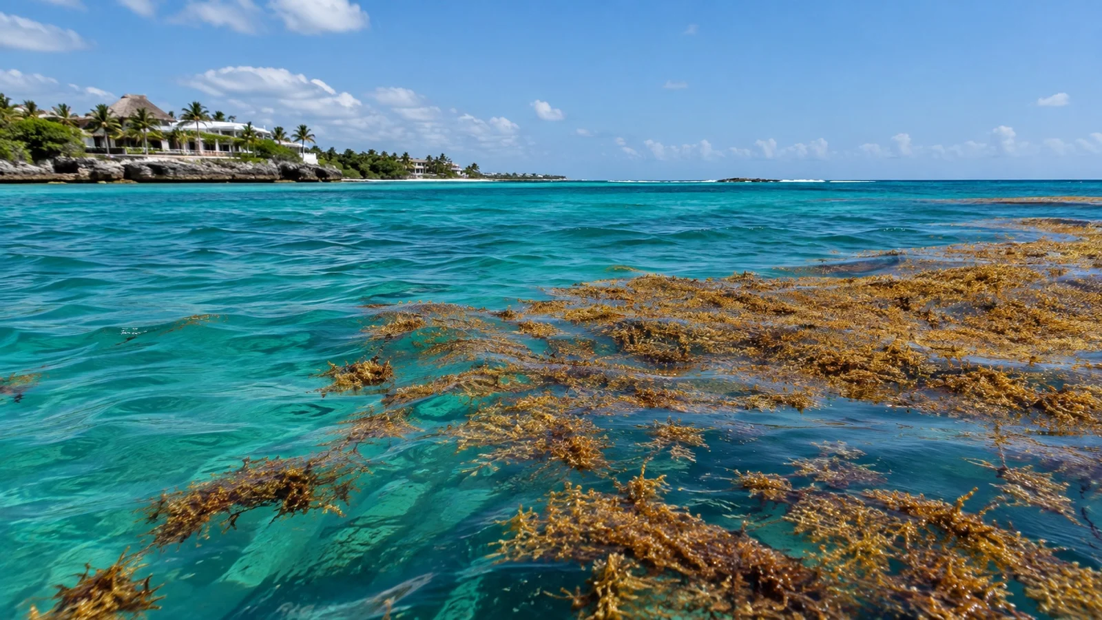 Floating sargassum mat offshore in turquoise Caribbean water