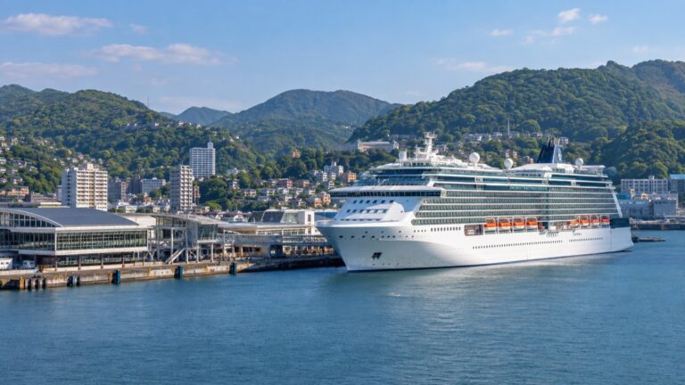 A cruise ship at Sasebo's central harbor beneath green hills in Kyushu