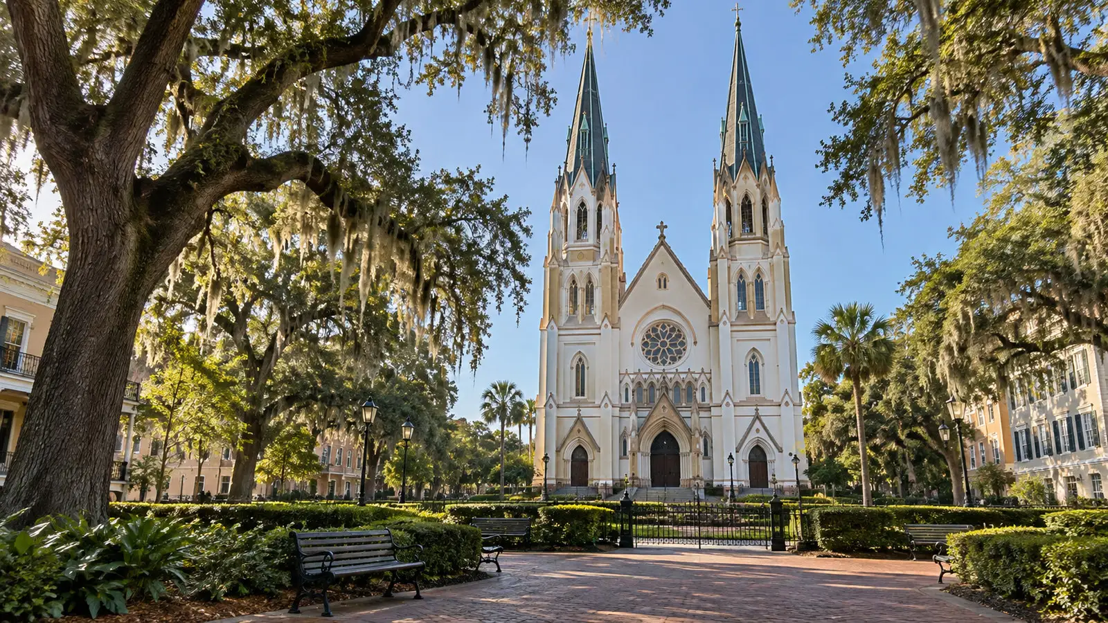 Cathedral Basilica of St John the Baptist Savannah with twin spires and leafy historic square, no people