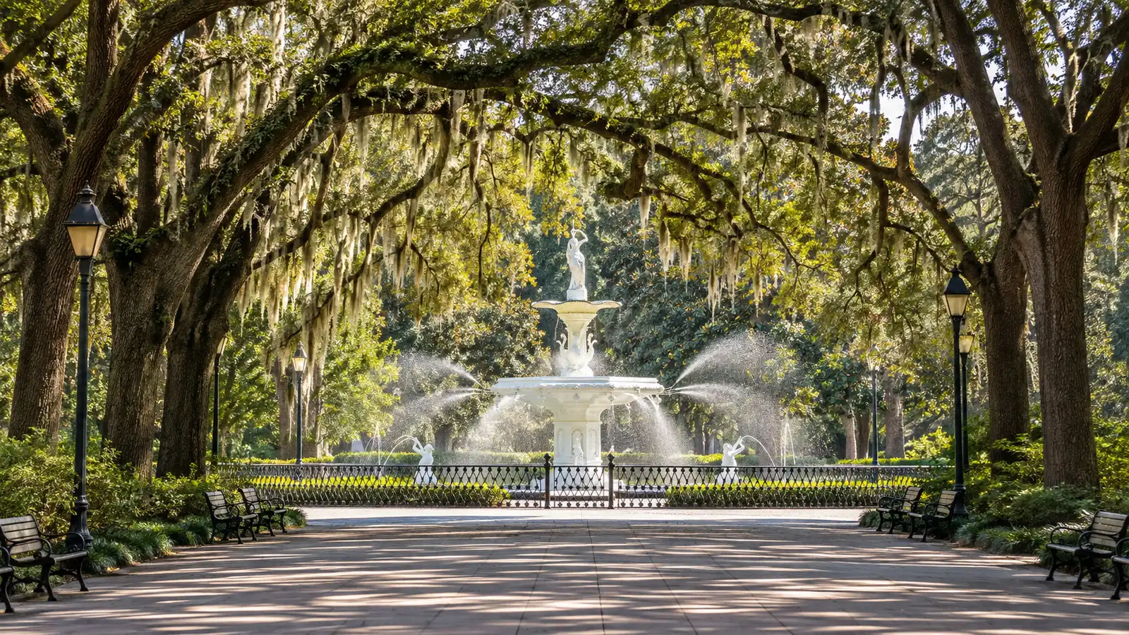 Forsyth Park Savannah Georgia fountain and live oak walk near historic district, no people