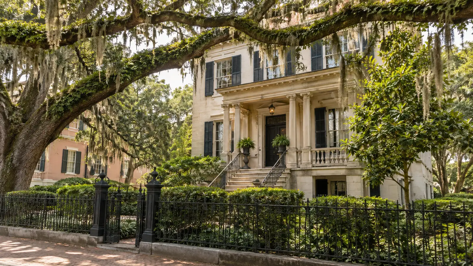 Savannah Georgia historic house museum exterior beneath live oaks and Spanish moss, no people