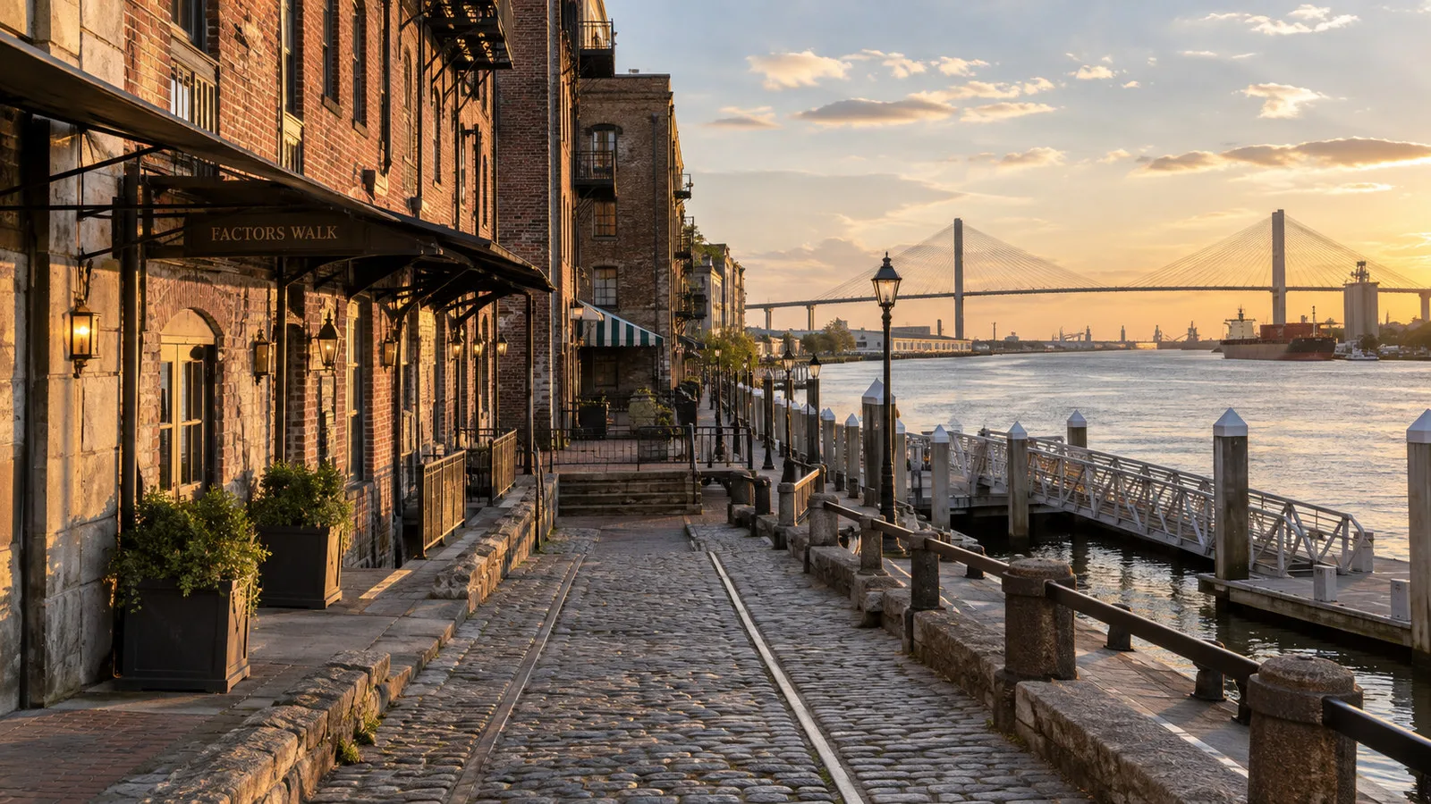 Savannah River Street and Factors Walk brick warehouses, cobblestone ramps and river view, no people