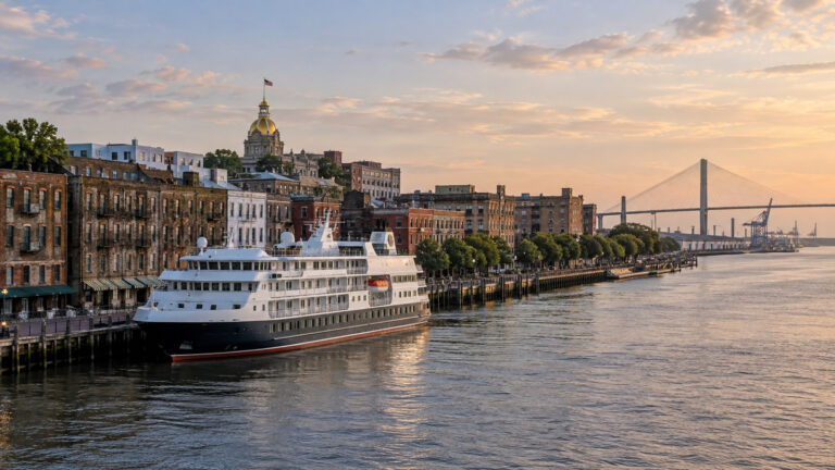 Small coastal cruise ship moored along Savannah Georgia River Street waterfront with brick warehouses and river, no people