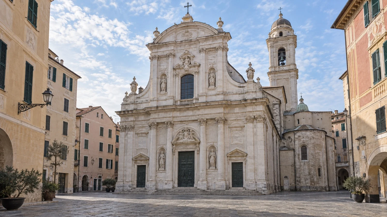 Pale stone facade of Savona Cathedral on a quiet old-town square