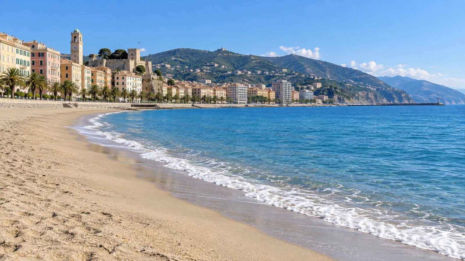 Sandy Savona city beach beside the blue Ligurian Sea