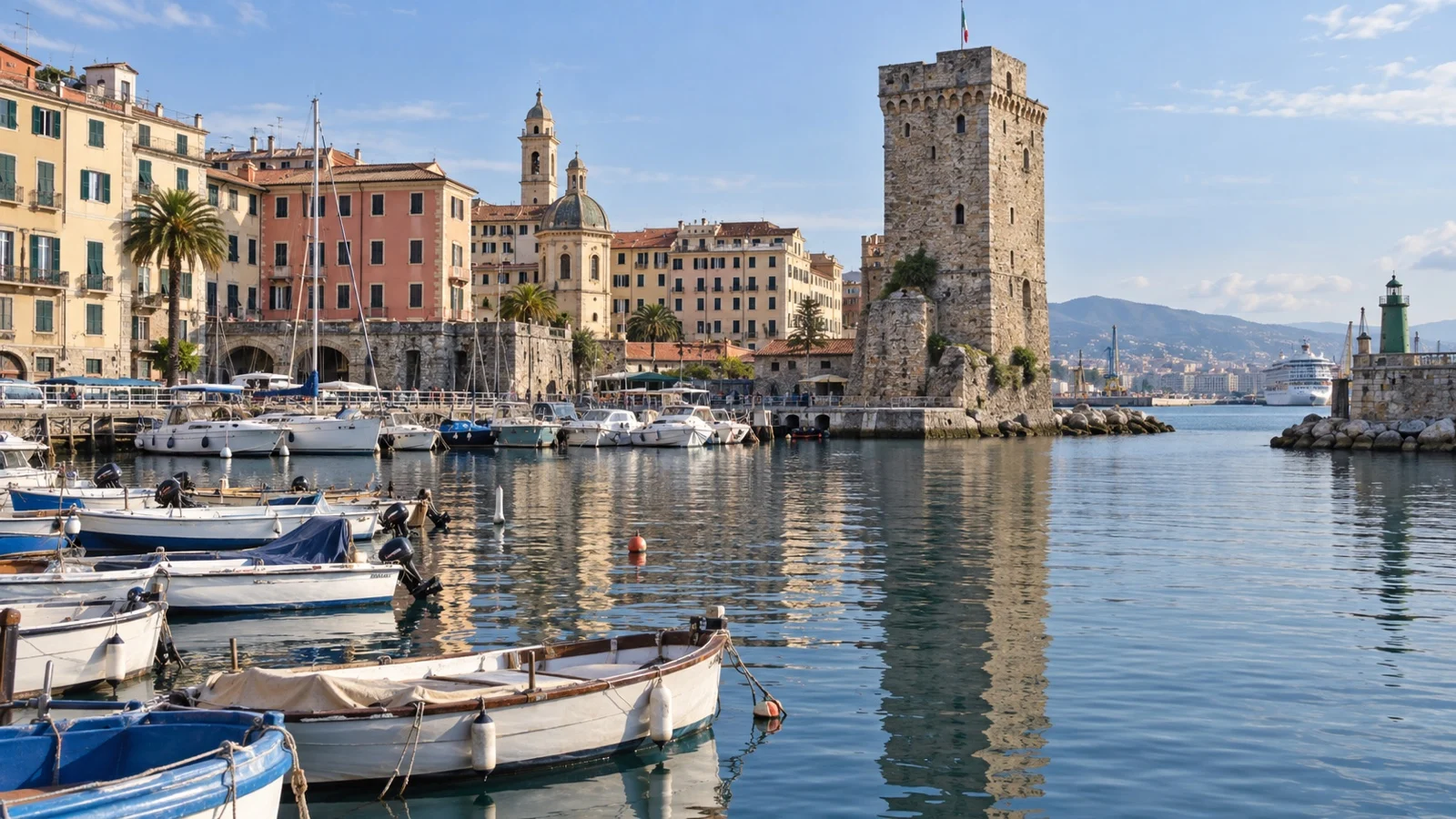 Small boats in Savona Old Darsena beside the Leon Pancaldo Tower