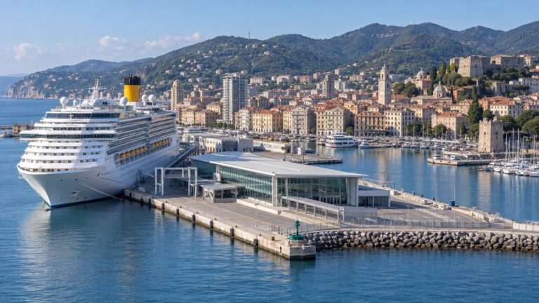 Cruise ship at Palacrociere terminal with Savona rooftops beyond