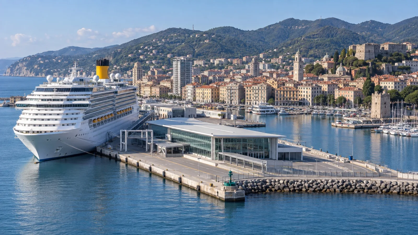 Cruise ship at Palacrociere terminal with Savona rooftops beyond