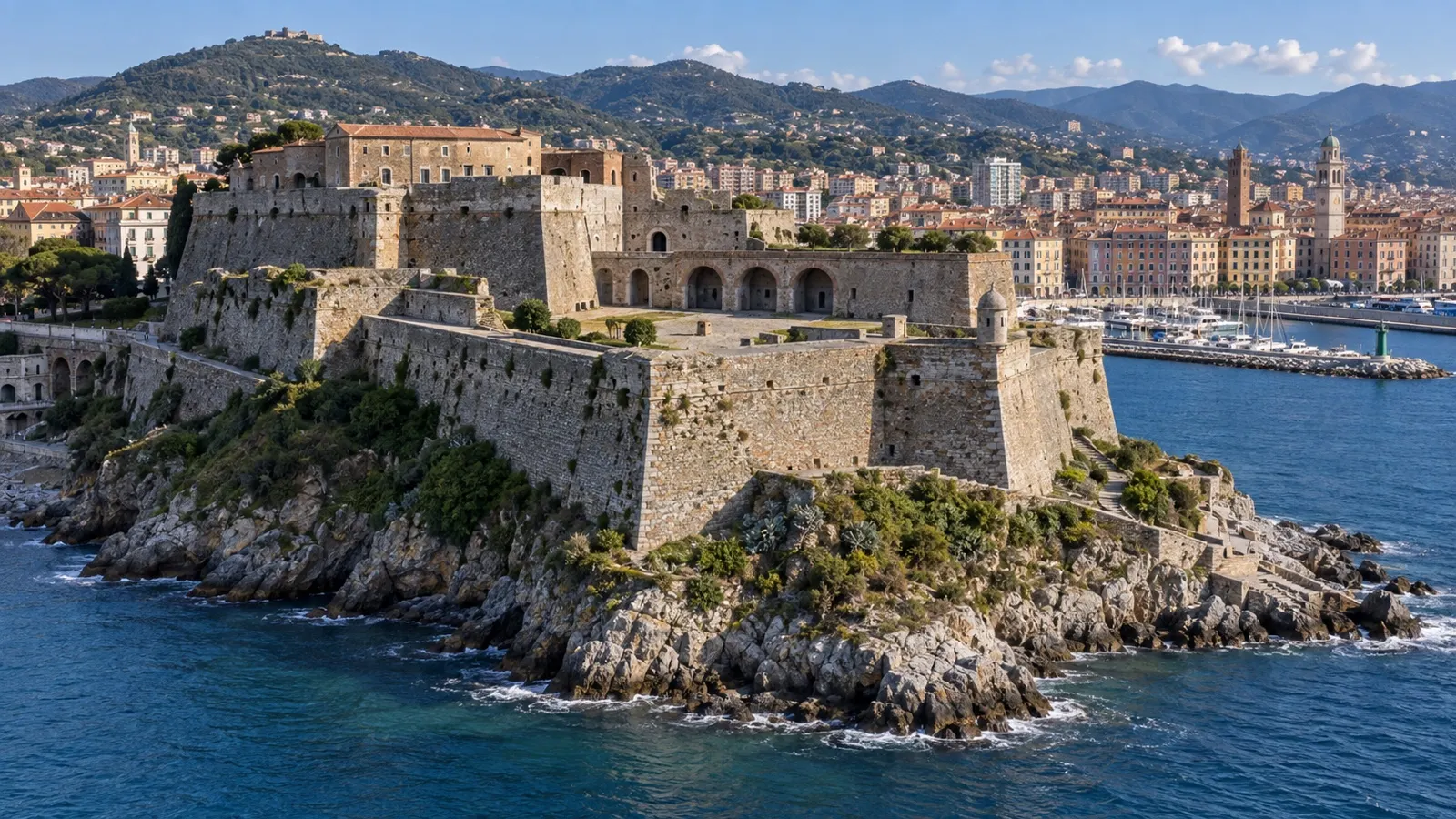 Stone ramparts of Priamar Fortress above the sea in Savona