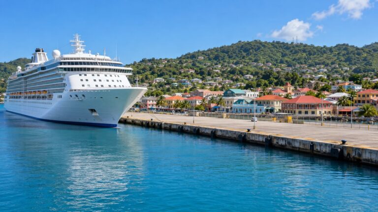 Cruise ship at Scarborough harbor beneath Tobago’s green hills
