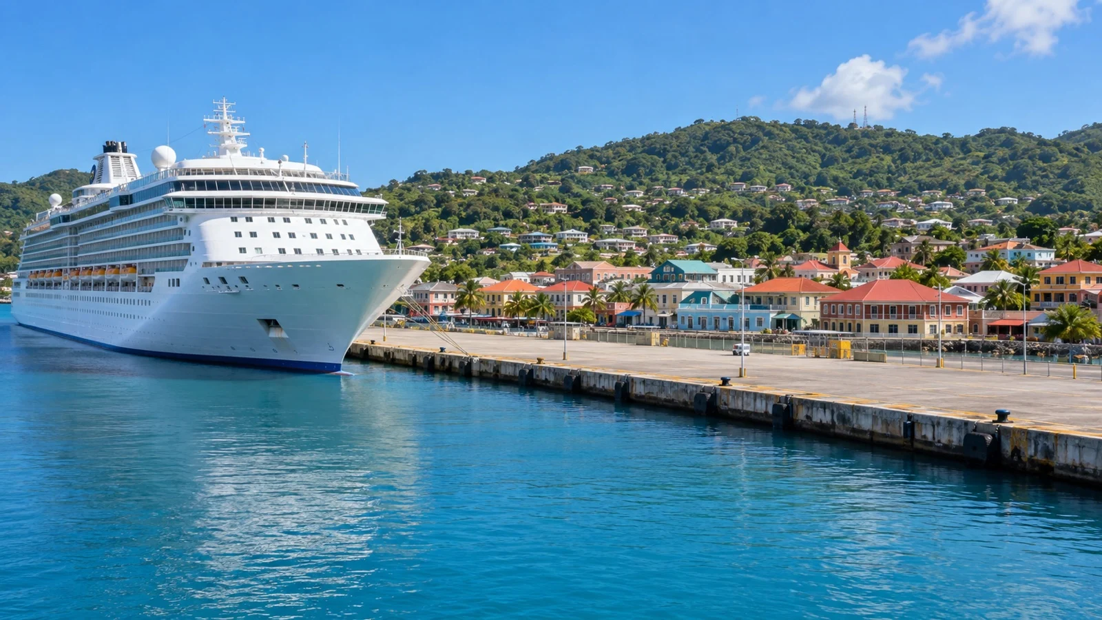 Cruise ship at Scarborough harbor beneath Tobago’s green hills
