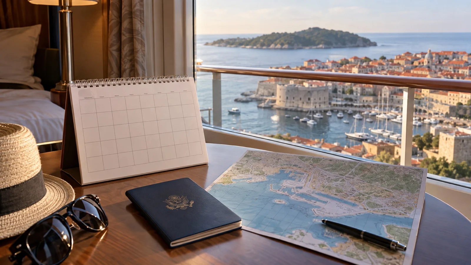 Blank 90-day calendar, passport and port map on a cruise cabin table