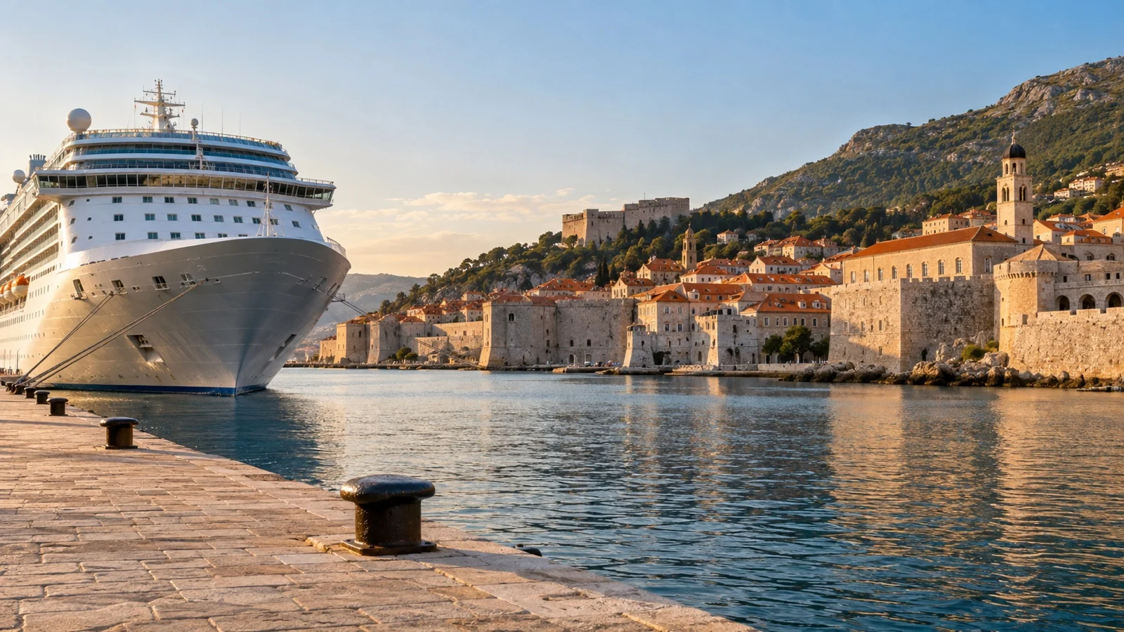 Cruise ship at a historic Mediterranean Schengen-area port with empty quay