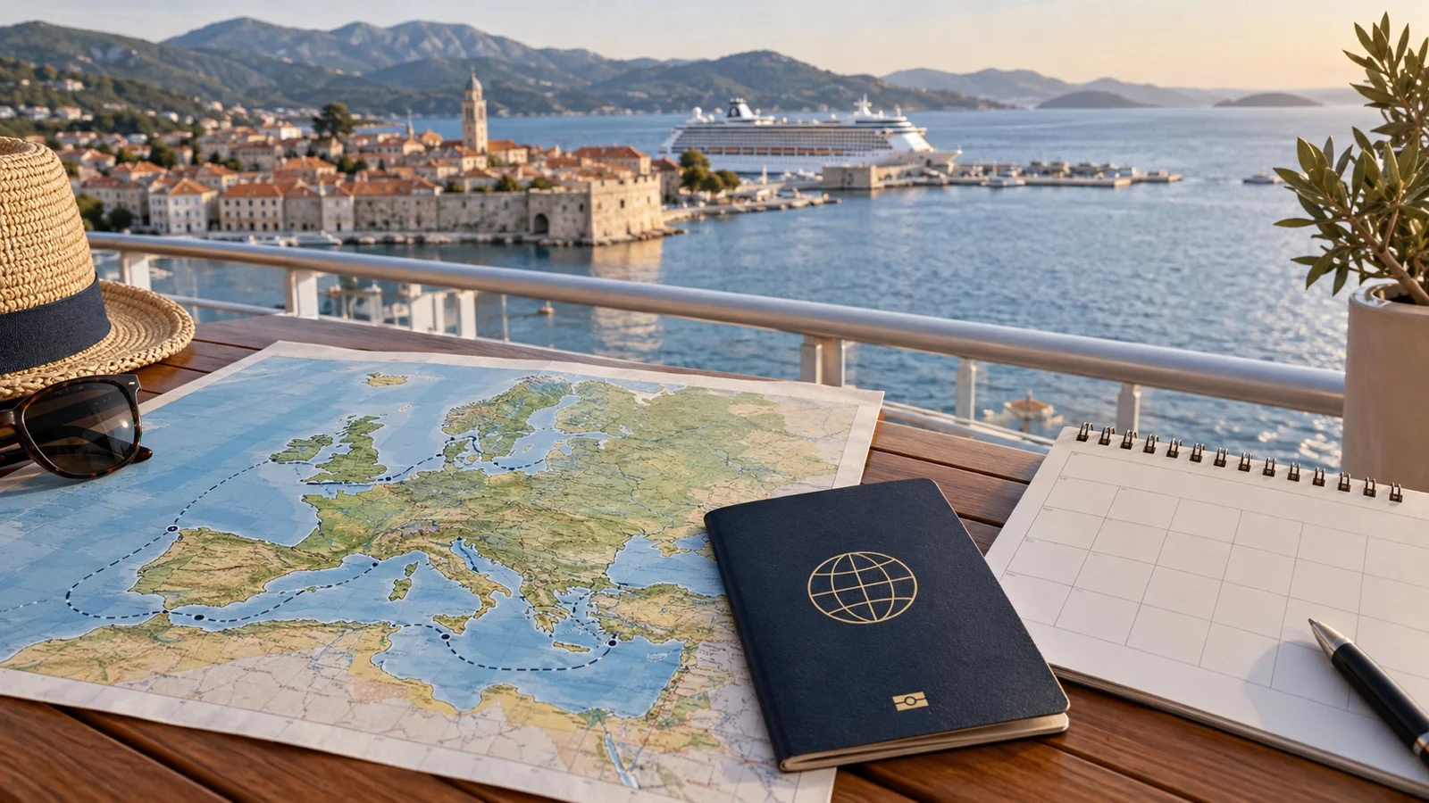 Map of Europe beside passport and blank calendar overlooking a Mediterranean cruise port
