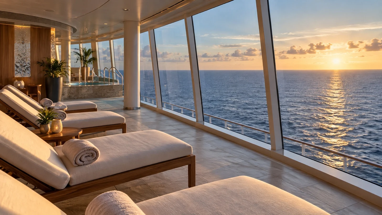 Empty cruise ship spa lounge with ocean horizon view