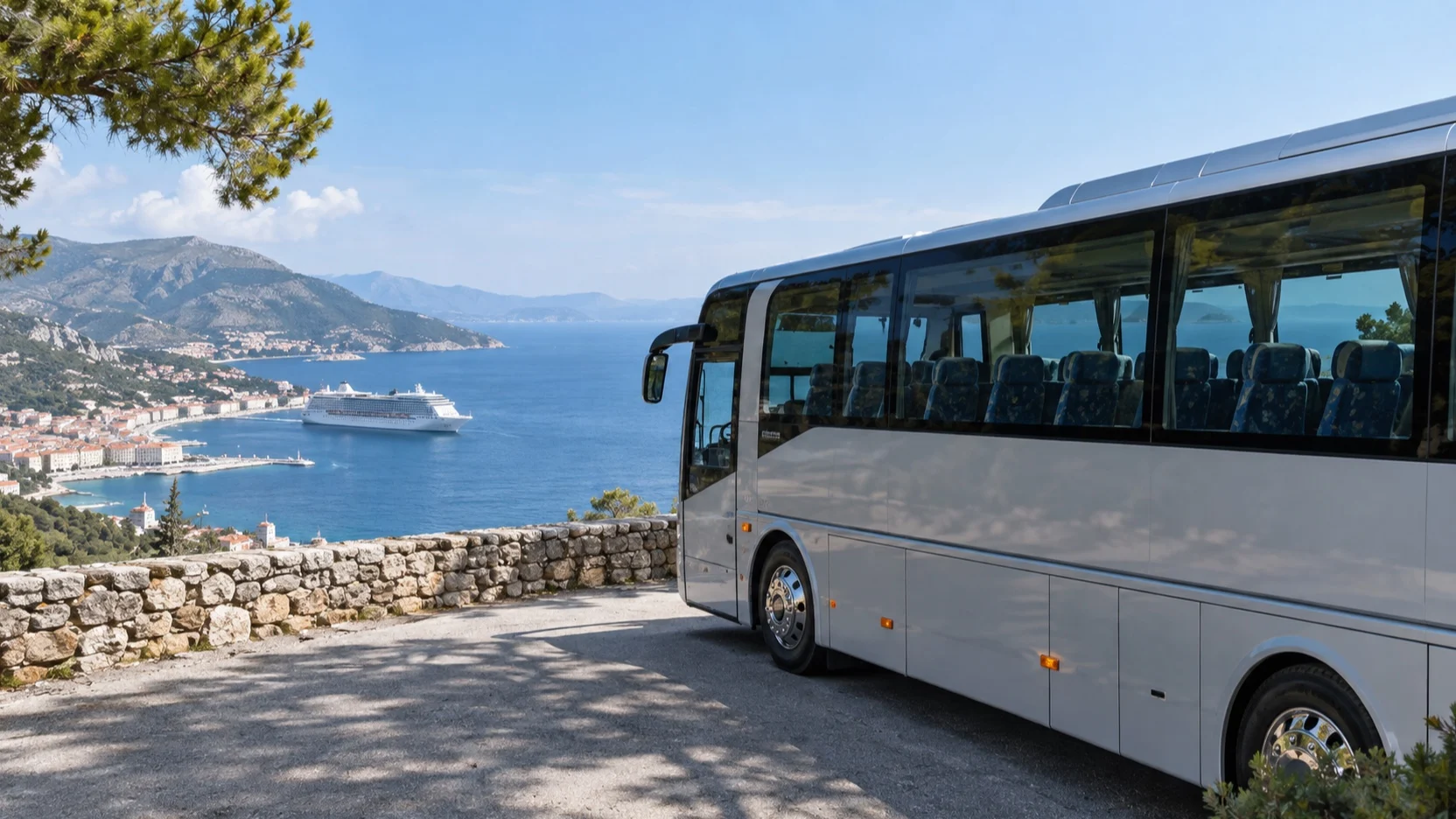 Scenic coach parked at a coastal overlook for a seated port visit