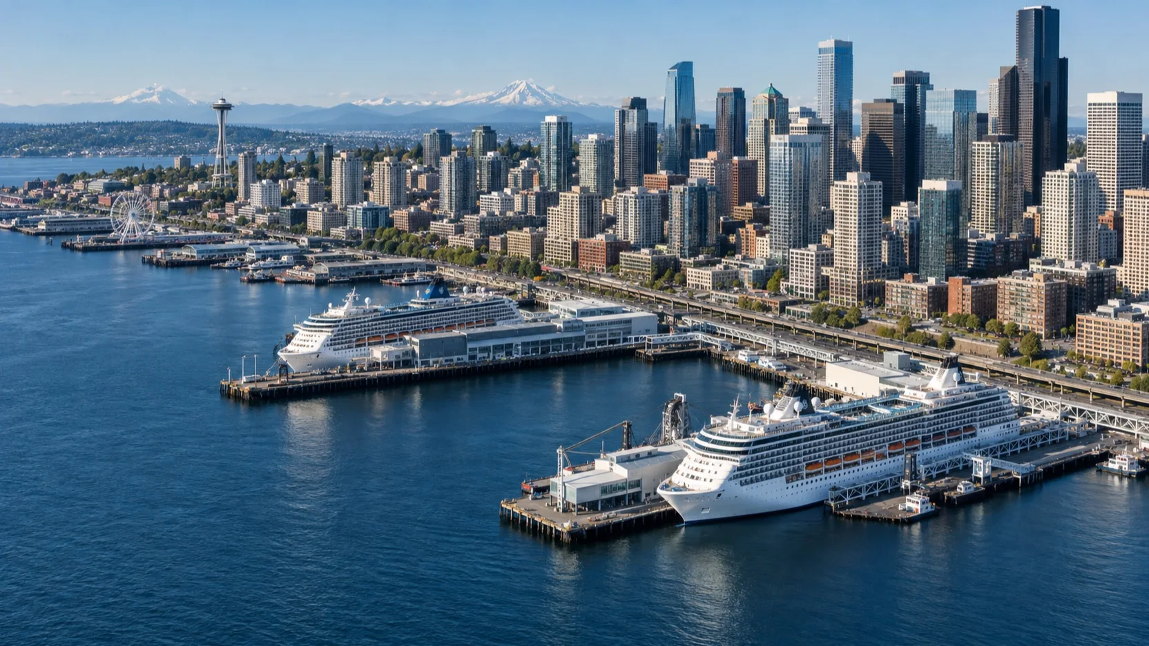 Aerial view of Seattle's cruise piers and Elliott Bay