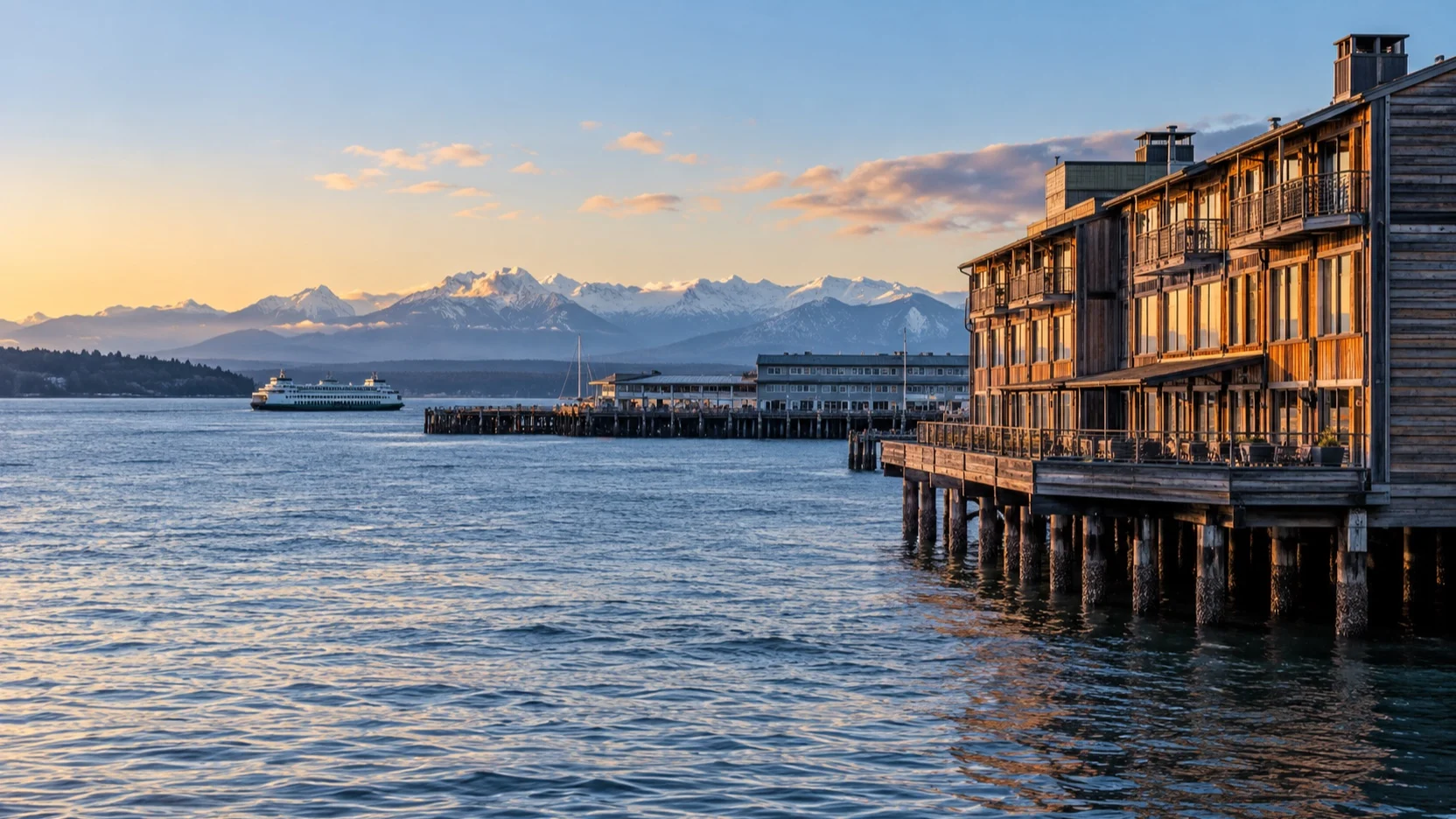 Waterfront lodging area by Elliott Bay near Seattle Pier 66