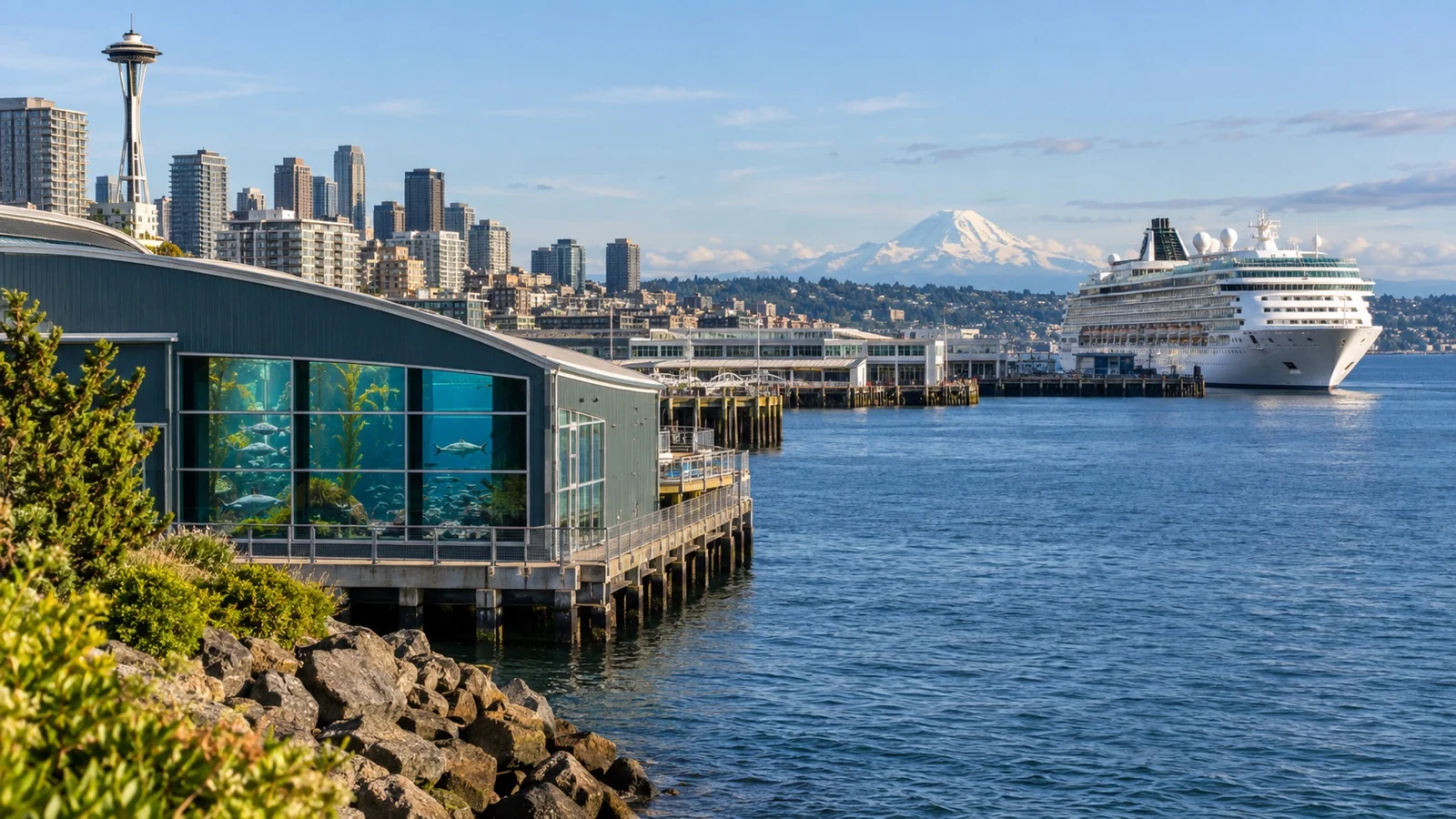 Seattle waterfront and cruise ship near Pier 66