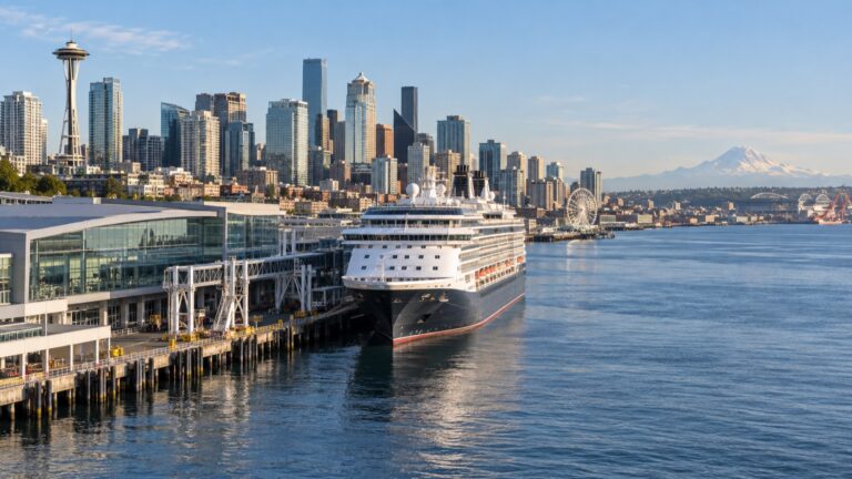 Cruise ship at Seattle Pier 66 beside the city skyline
