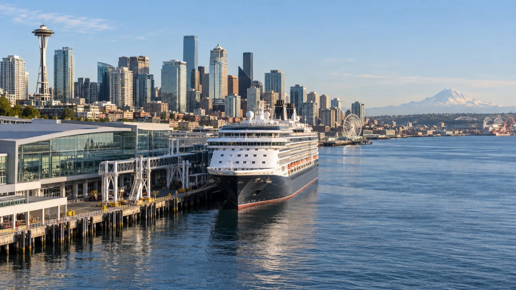 Cruise ship at Seattle Pier 66 beside the city skyline