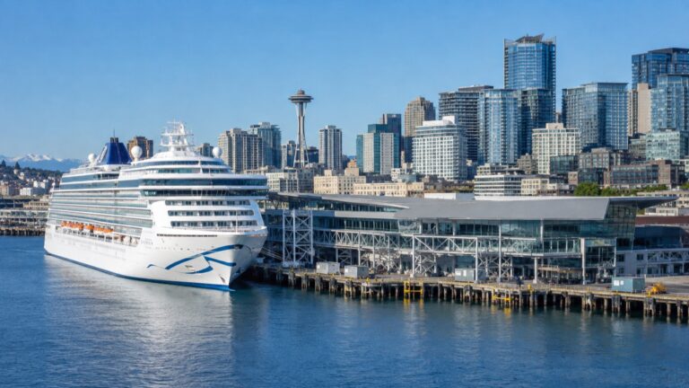 Seattle Pier 66 cruise terminal and Elliott Bay with the downtown skyline
