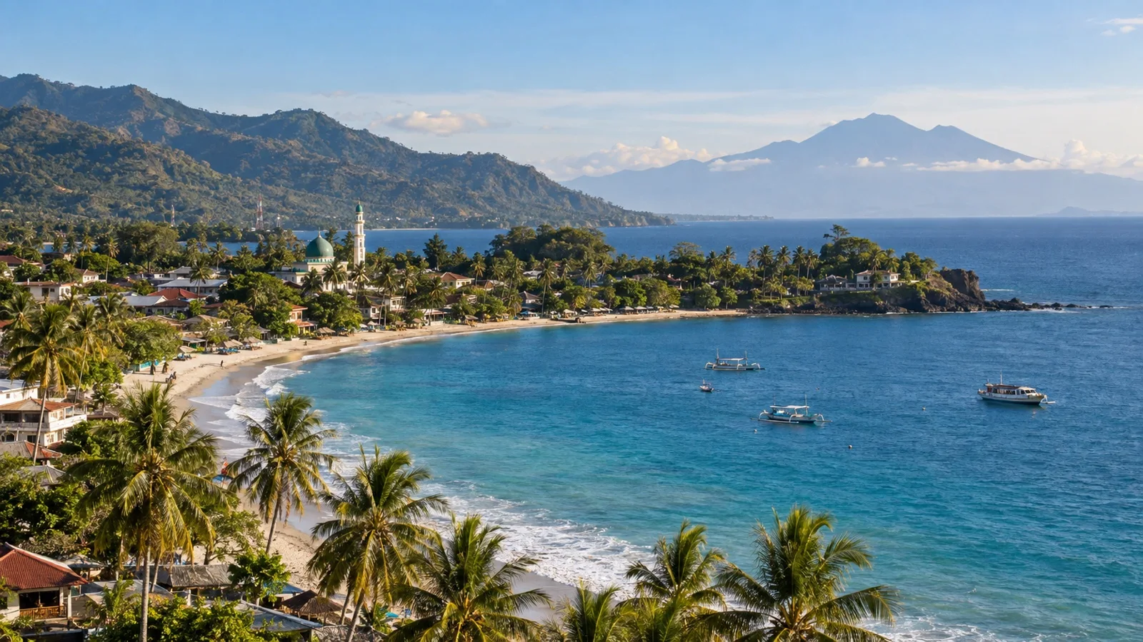 Palm-lined beach and green hills at Senggigi Lombok