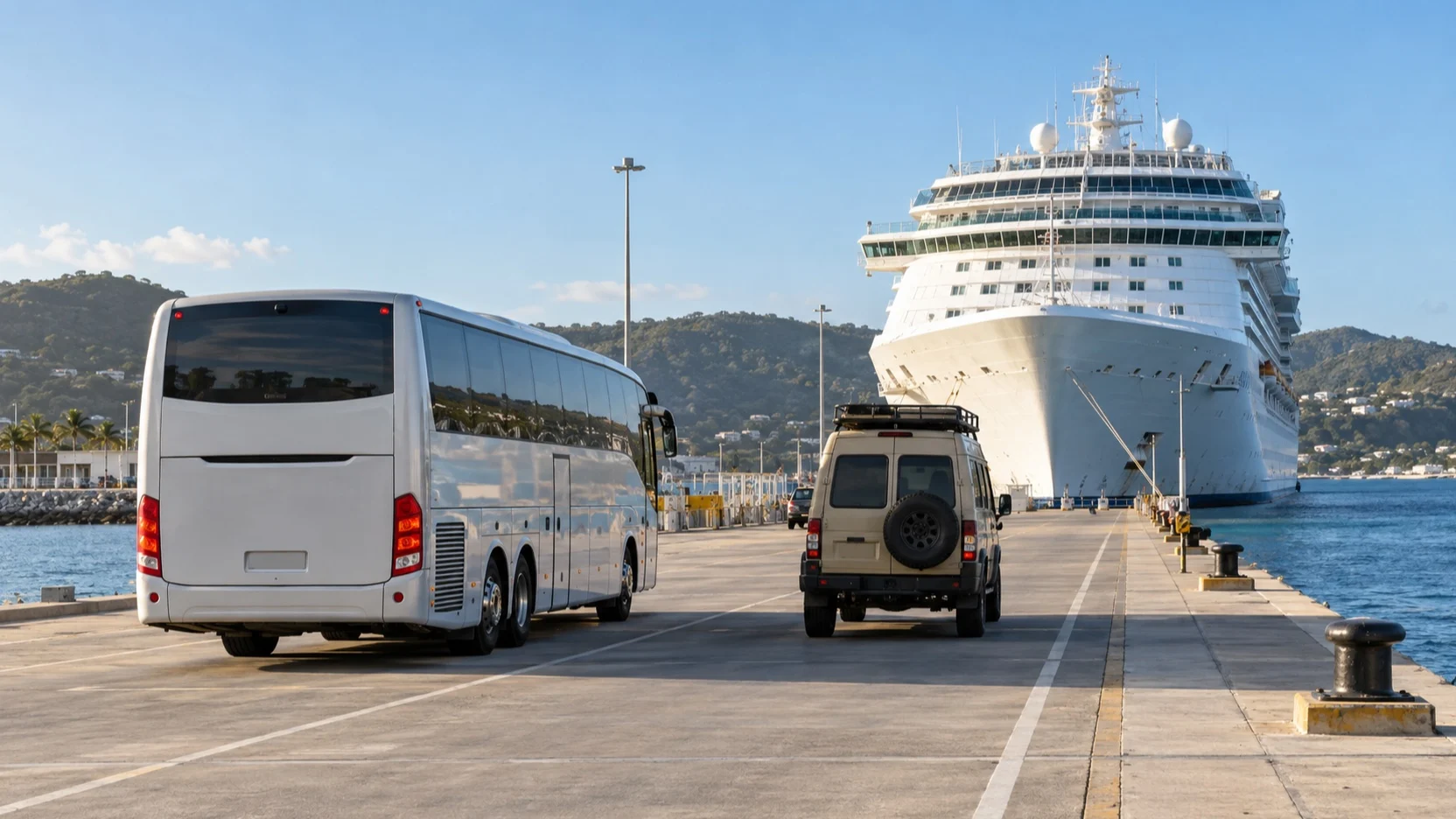 Coach and adventure van parked near the same cruise ship pier