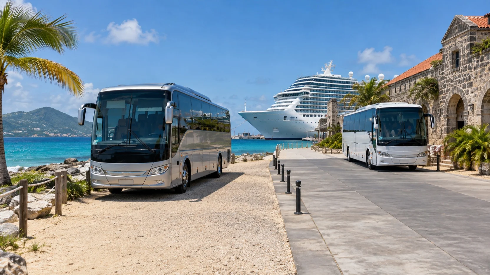 Two excursion coaches beside a cruise ship for separate port plans
