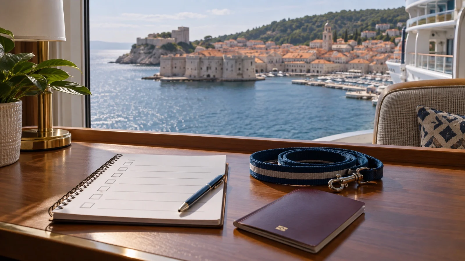 Blank destination checklist, leash, and passport on a cruise cabin desk, no readable text
