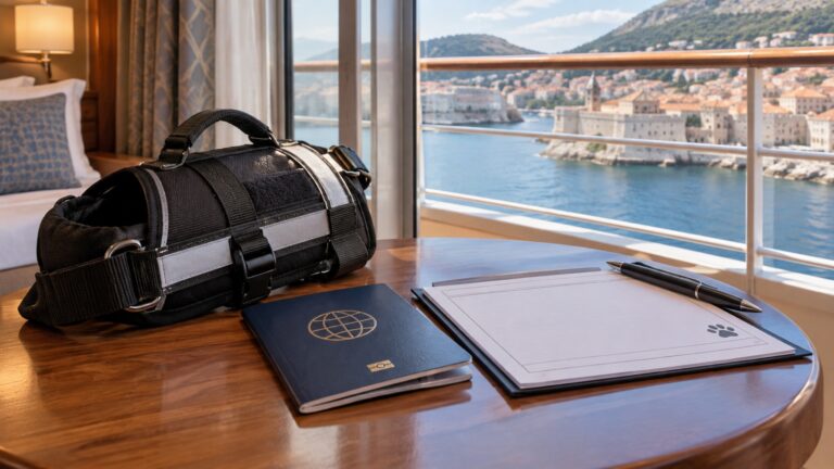 Black service dog travel bag beside passport and blank veterinary paperwork in a cruise cabin
