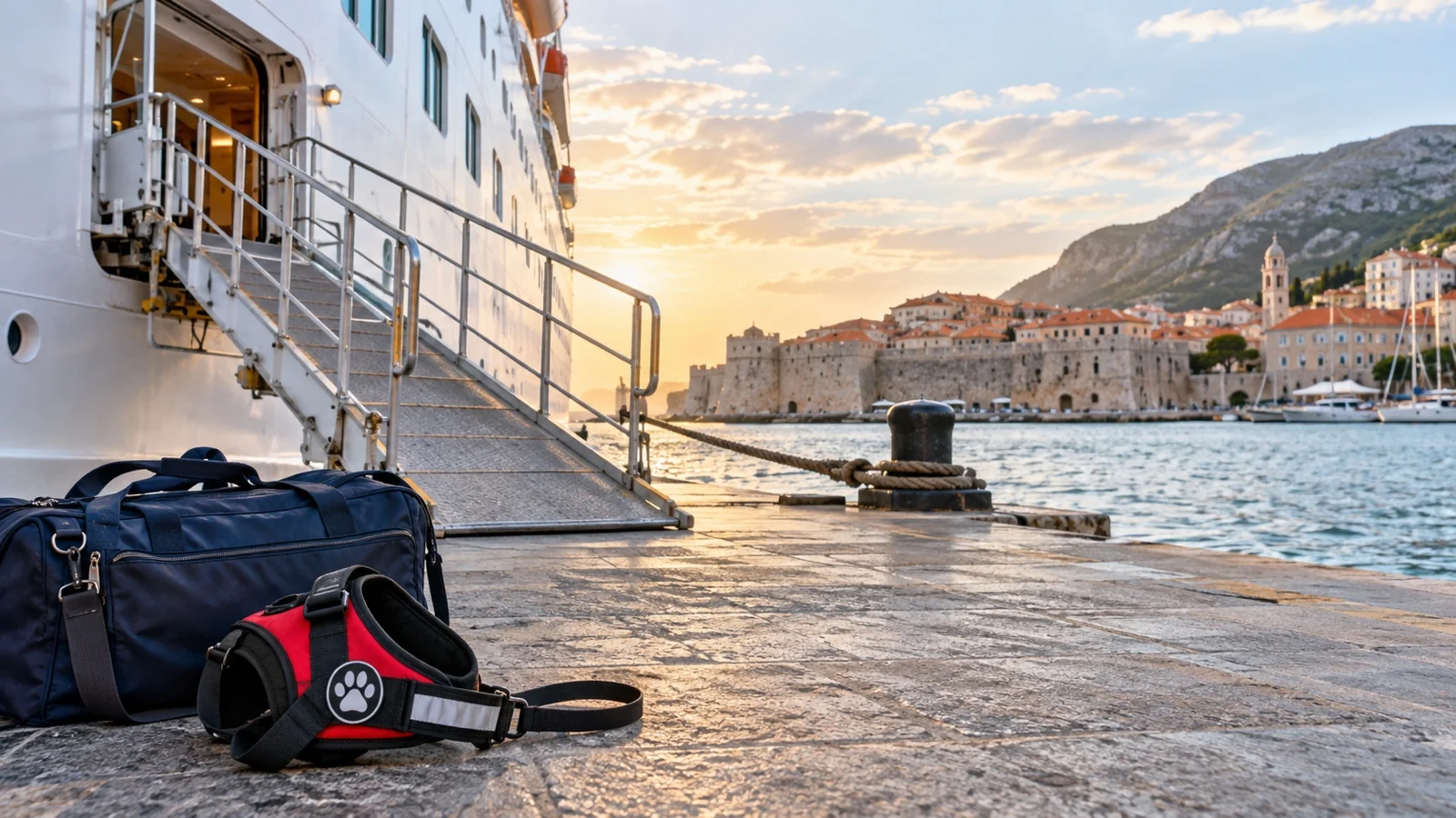 Empty cruise gangway and pier with service-dog harness and travel bag in foreground