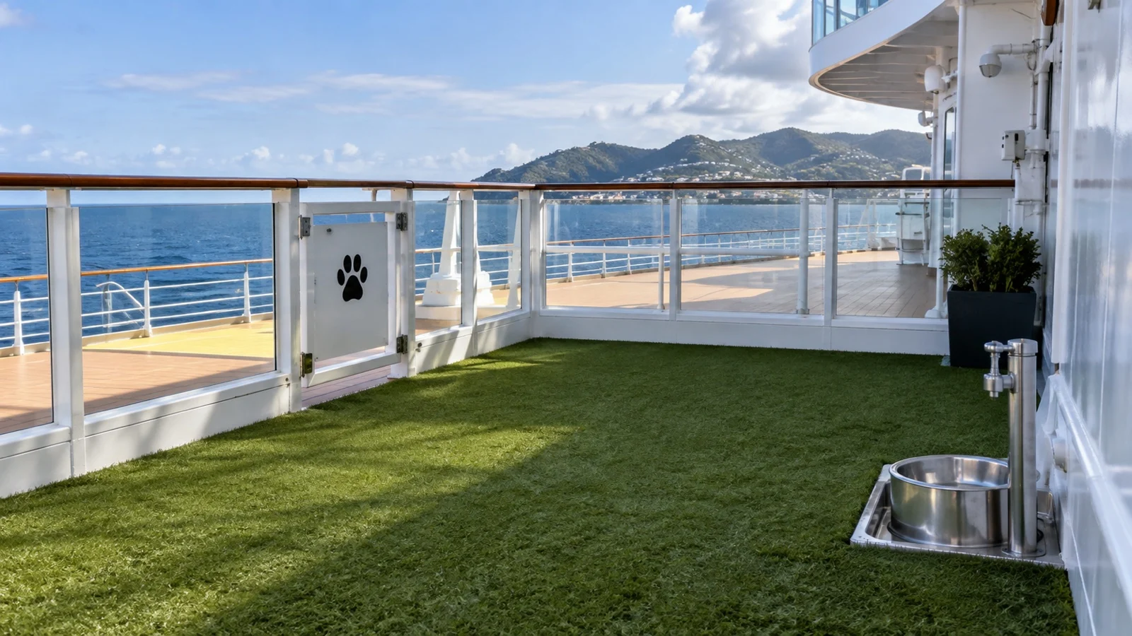 Empty designated service dog relief area with artificial turf on a cruise ship deck