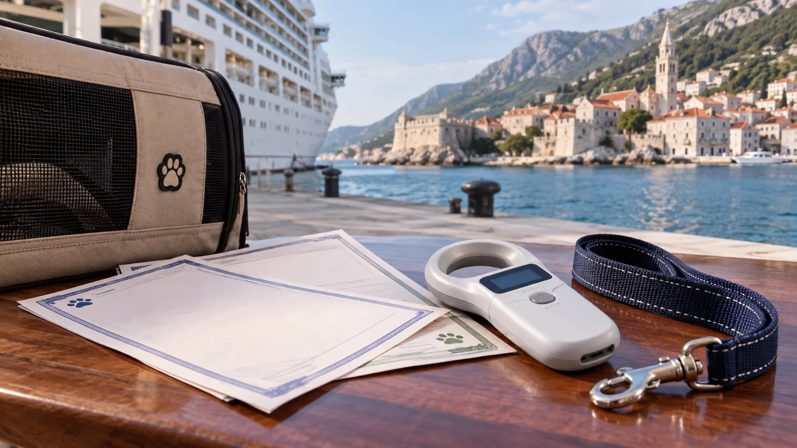 Blank animal travel certificates and microchip scanner beside a leash, no readable text