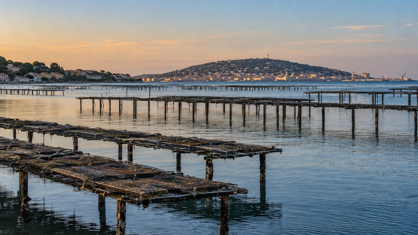 Oyster farming tables on Thau lagoon near Sète