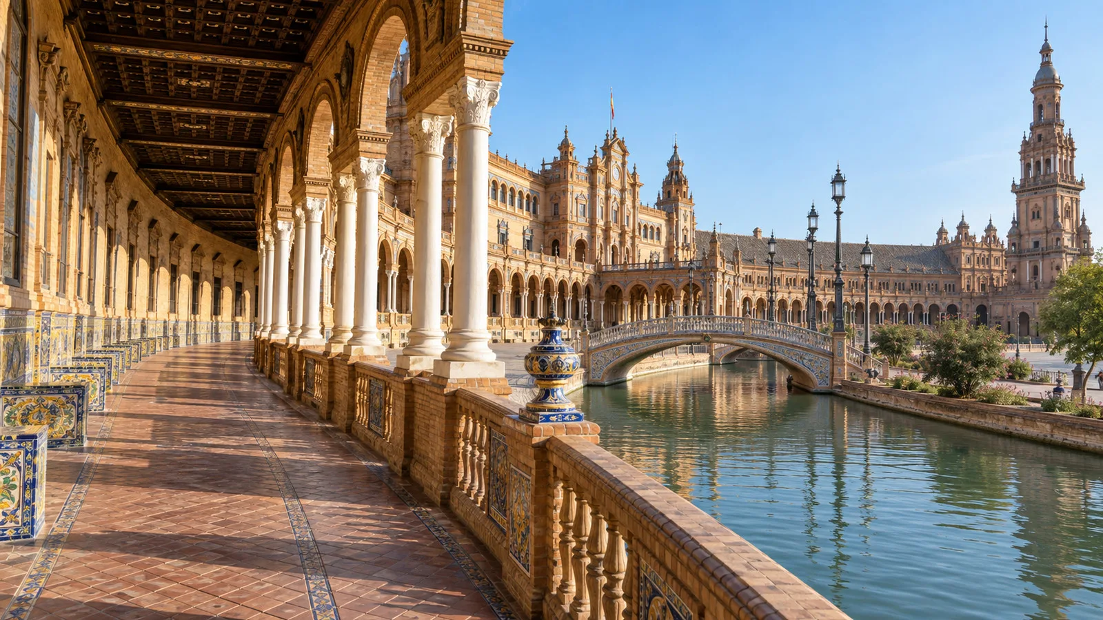Plaza de España colonnade and canal in Seville