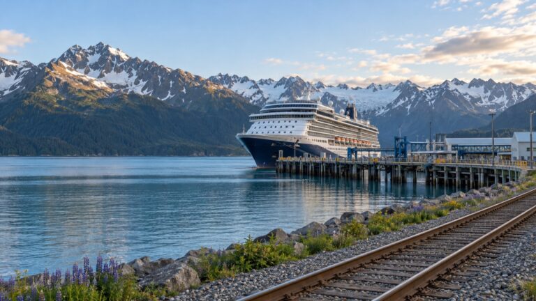 Cruise ship and railroad beside Resurrection Bay in Seward