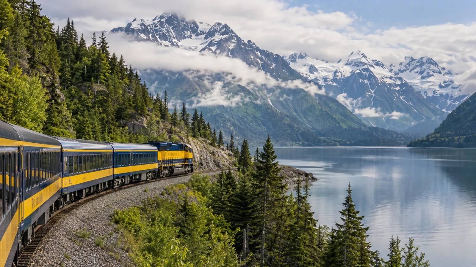 Alaska Railroad train beside a mountain lake near Seward