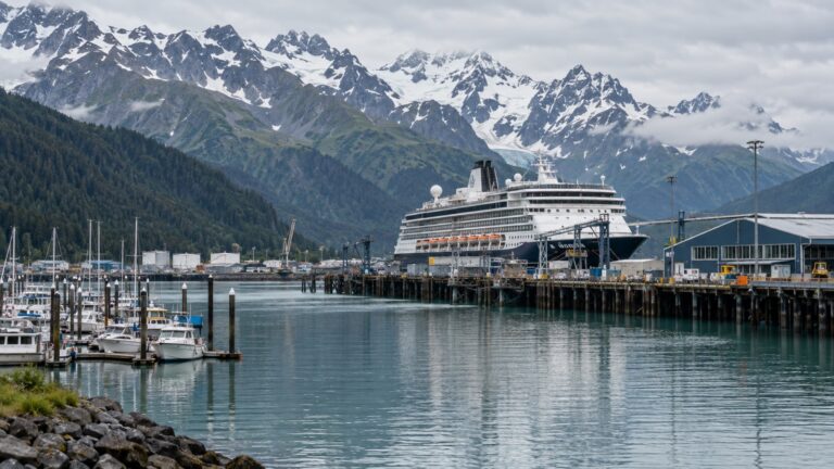 Cruise ship at Seward harbor beneath the Kenai Mountains
