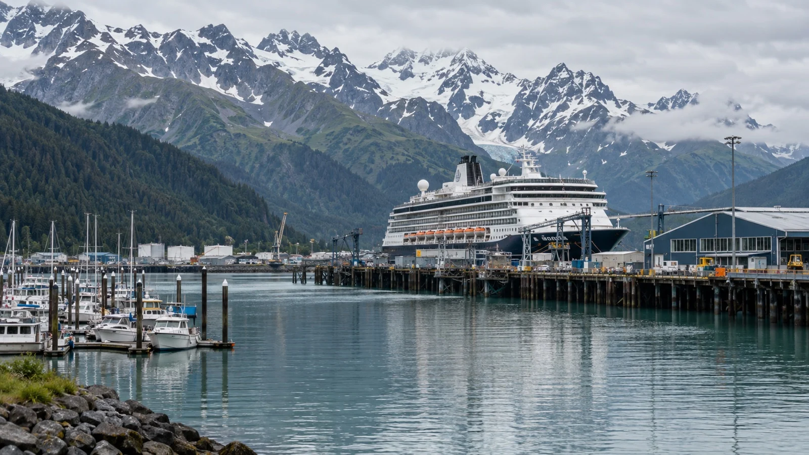 Cruise ship at Seward harbor beneath the Kenai Mountains