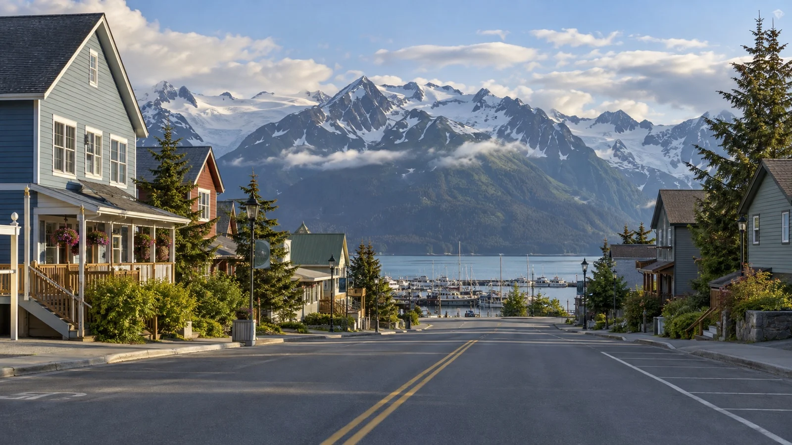 Downtown Seward hotel district and Resurrection Bay