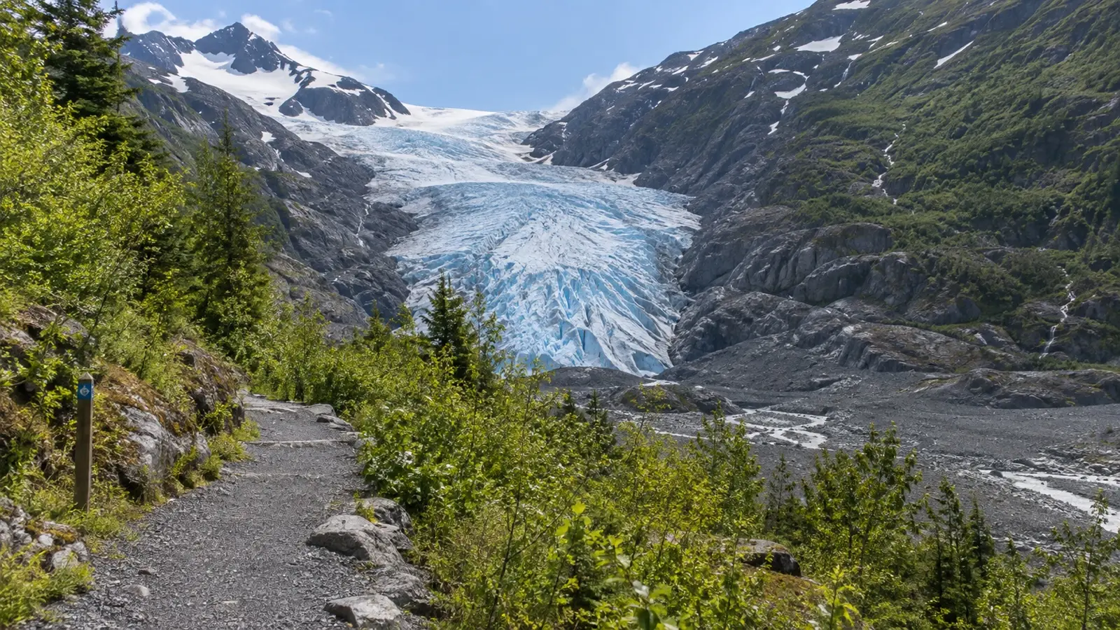Exit Glacier and an empty trail through the Kenai Mountains