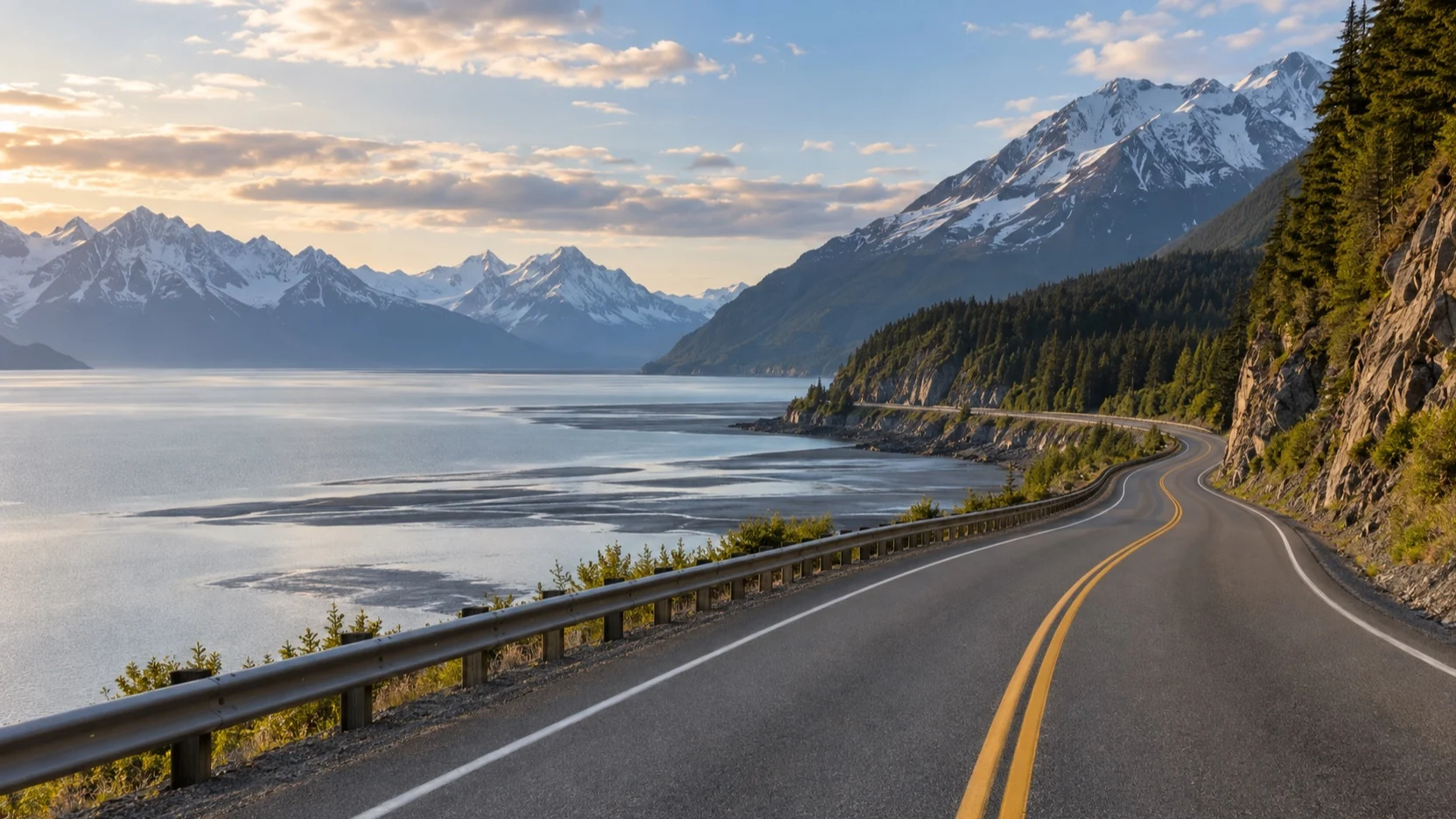 Seward Highway winding along Alaska water and mountains toward Anchorage