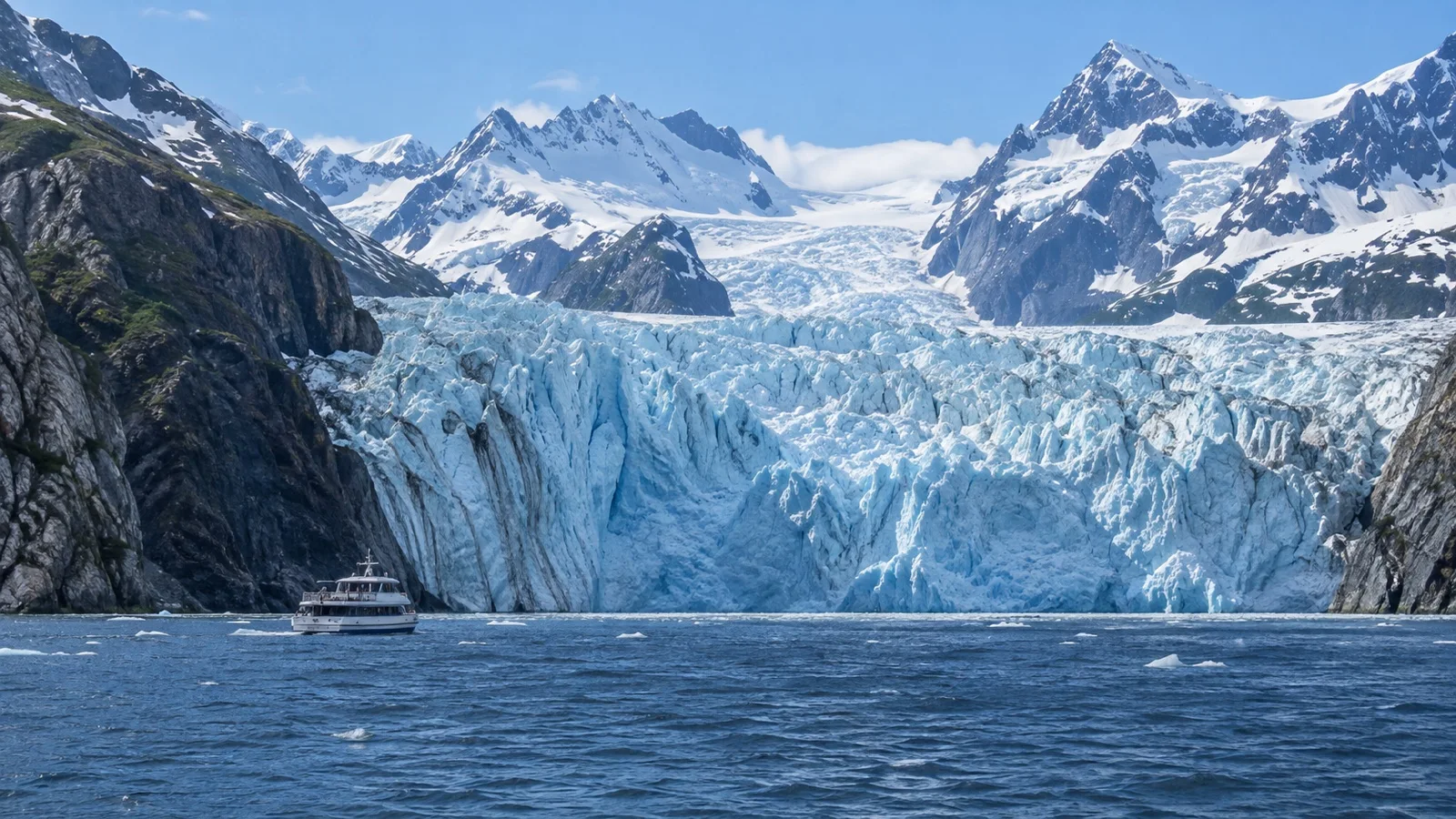 Sightseeing boat facing a tidewater glacier in Kenai Fjords